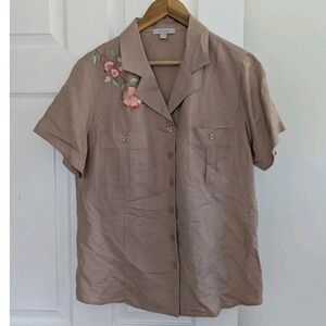 Bogari Tan Floral Embroidered Shirt 100% Linen Women's Lg Western Boho Button Up
